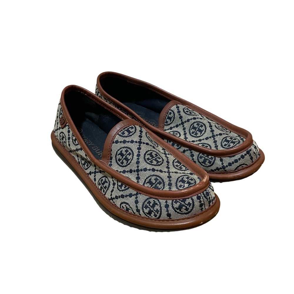 Tory Burch T Monogram Navy Hazelnut Leather Trim Loafers Shoes 8.5M 85491